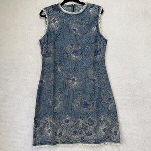 Conditions Apply Dress Womens Small Blue Embroidered Floral Shift Frayed Trim